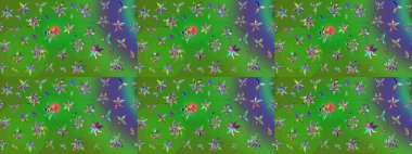 Yeşil ve mor renkli manzaralı çiçek deseni. Üst manzara, yumuşak stil. Sevgililer günü ve tebrik kartı konsepti için şık bir davetiye. Çiçek kompozisyonu, el boyası, hassas şablon..