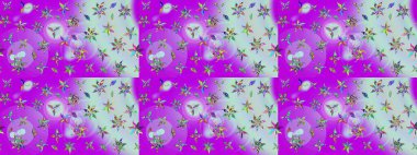 Raster düz çiçek çizim deseni. Hediye ambalaj kağıdı, tebrik kartları, posterler ve pankart tasarımı. Mor ve nötr renkte çiçekler.