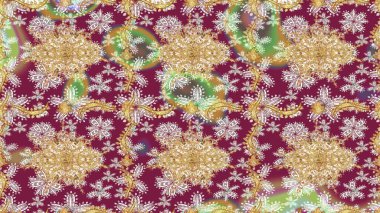 Ortaçağ çiçek desenini çiz. Kırmızı renkte altın. Dekoratif simetri arabesk. Raster illüstrasyonu. Doğum günü, davetiye ya da afiş için tebrik kartı.