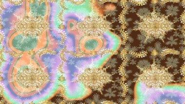 Süslü raster dekorasyonu. Barok tarzında duvar kâğıdı tasarımı için eskiz şablonu arka planı. Altın elementlerle nötr renklerde altın desen.