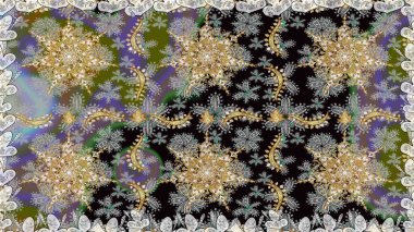 Süslü dekorasyon. Damask altın soyut çiçek gri renklerde pürüzsüz desen. Raster illüstrasyonu.