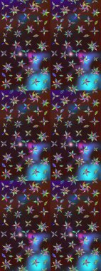 Raster - stok. Eskiz arkaplan modeli. Yapraklı çiçekler ve papatya çiçekleri kahverengi ve mavi renklerde.