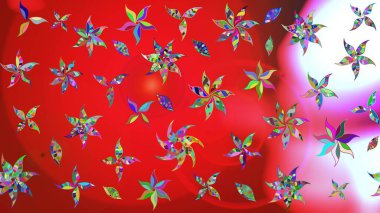 Moda baskıları için zarif bir şablon. Parlak renkli çiçekleri olan ve kırmızı ve pembe renkli yaprakları olan harika bir çiçek deseni. Modern çiçek arkaplanı. Halk stili.