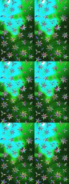 Çiçekli yaz çiçekleri. Küçük çiçekte güzel bir desen. Küçük renkli çiçekler. Moda baskıları için zarif bir şablon. Motley illüstrasyonu. Çizim.