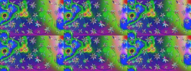 El çizimi çiçek çizimi deseni (fayans). Şirin çiçekli, desenli, yeşil ve mavi renkli renkli bir eskiz. Tekstil için suluboya çizim deseni.