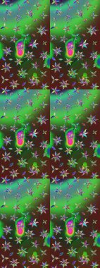 Yapraklı çiçekler ve yeşil ve kahverengi renkli papatya çiçekleri. Eskiz arkaplan modeli. Raster - stok.