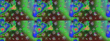 Raster düz çiçek çizim deseni. Hediye ambalaj kağıdı, tebrik kartları, posterler ve pankart tasarımı. Yeşil ve mavi renkte çiçekler.