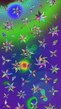 Raster illüstrasyonundaki çiçek desenli çizim. Mavi ve yeşil renkli çiçekler. Renkli Bahar Teması eskiz kalıbı. Düz Çiçek Elementleri Tasarımı.