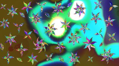 Raster çiçek desenli çiçek deseni, yapraklar, dekoratif elementler, sıçrama, lekeler, el çizimi kontur çizgileri ve Doodle çizim stili, grafik raster çizim çizimi.