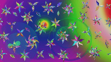 Çiçekli ipek eşarp. El çizimi çiçek unsurları olan soyut çizim raster deseni. 1950-1960 motifleri. Retro tekstil tasarım koleksiyonu. Yeşil ve mavi, yeşil ve mavi.