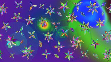 Raster illüstrasyonundaki çiçek desenli çizim. Mavi ve mor renkte çiçekler.