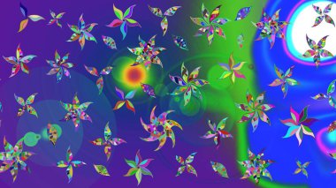 Şirin çiçekli eskiz deseni ve mavi ve mor renkli yapraklar, suluboya çiçek deseni, duvar kağıdı, kart ya da kumaş için fayanslı. Raster illüstrasyonu.