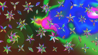 Çiçekler yeşil ve maviye. Eskiz arkaplan modeli. Suluboya, elle çizilmiş. Raster stoku.