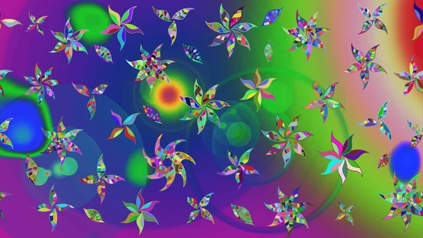 Sevimli çiçek raster deseni. Yeşil ve mavi renkte çiçekler. Renkli Bahar Teması eskiz kalıbı. Düz Çiçek Elementleri Tasarımı.