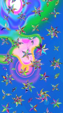 Küçük çiçekteki sevimli çiçek deseni. Varicoloblue ve yeşil raster çizimi. Birçok mavi ve yeşil soyut çiçekli tropikal çizim deseni.