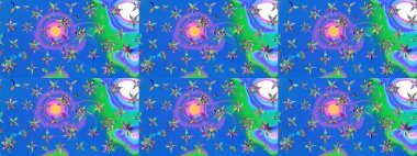 Çiçeksel çizim kalıbının yansıması. Vadinin çiçekleri mavi ve yeşil renklerde.