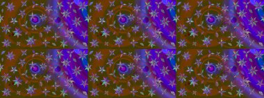 Raster illüstrasyonu. Moda baskısı, albüm, ambalaj kağıdı ve duvar kağıdı için zarif dekoratif süslemeler. Kahverengi ve mor renkli şirin çiçekler. Küçük çiçekli basit bir çiçek çizimi..