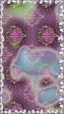 Tarafsız ve mor renkte çok renkli ve mor zarif küçük çiçekler ve komik böcekler, raster desen, illüstrasyon.