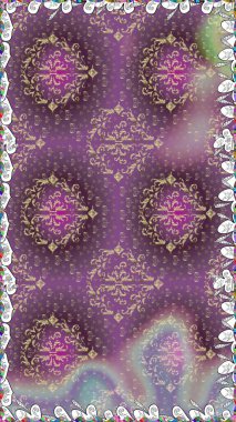 Raster Çiçek İllüstrasyonu güzel tekstil. Mor ve kahverengi renkte etnik çiçeklerle kusursuz bir desen..