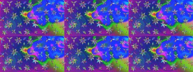 Çiçekli güzel suluboya desen. Raster illüstrasyonu. Mavi ve mor renklerde.