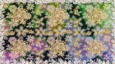 Kusursuz kraliyet lüksü, altın barok kumaş rengi. Altın antika ortaçağ dekoratifi, yapraklar ve altın desenli süslemelerle renksiz ve gri renklerde..