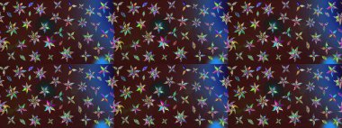 Motley illüstrasyonu. Kahverengi ve mavi çiçekli bahar çiçekleri. Küçük çiçekte güzel bir desen. Moda baskıları için zarif bir şablon. Küçük renkli çiçekler..