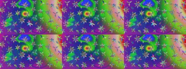 Raster suluboya çiçek deseni, narin çiçekler, yeşil ve mavi çiçekler, tebrik kartı şablonu. Güzel kumaş deseni.