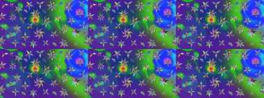 Küçük çiçekli basit bir çiçek çizimi. Mavi ve mor renkli şirin çiçekler. Moda baskısı, albüm, ambalaj kağıdı ve duvar kağıdı için zarif dekoratif süslemeler. Raster illüstrasyonu.