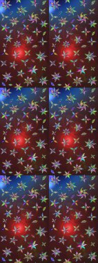 Suluboya elle çizilmiş çiçek desenli eskiz deseni. Parlak renkli fantezi çiçekleri, yapraklar, kahverengi ve mor renkli tomurcuklar kahverengi ve mor.