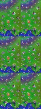 Suluboya elle çizilmiş çiçek desenli eskiz deseni. Parlak renkli fantezi çiçekleri, yapraklar, renkli tomurcuklar.