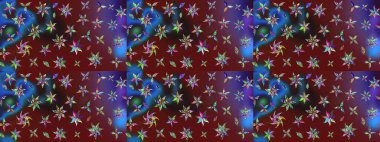 Raster illüstrasyonu. Suluboya çiçekli çiçek deseni. Kahverengi ve kırmızı renklerde Asya tekstili.