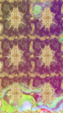 Hassas altın deseni açın. Parlak dantel, stilize çiçekler, şal desenli. Altın desenli bukleler çiz. Mor renkli ve altın elementli eskiz deseni. Doğu tarzı arabesk. Raster..