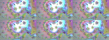 Şirin çiçekli, desenli, nötr ve mavi renklerde renkli çizimler. El çizimi çiçek çizimi deseni (fayans). Tekstil için suluboya çizim deseni.