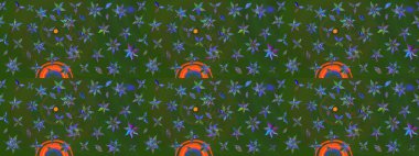 Nakış desenli çiçek deseni. Renkli grunge, koyu yeşil ve mavi çiçeklerle soyut bir arka plan oluşturur. İzler, kumaş, duvar kağıtları, tekstil için raster dokusu.