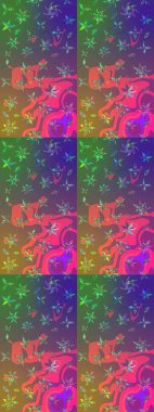 Yeşil ve mor renkli şirin çiçek desenleri. Renkli Bahar Teması eskiz kalıbı. Düz Çiçek Elementleri Tasarımı. Raster Modaya uygun kumaş deseni.