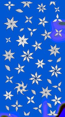 Raster illüstrasyonu. Mavi ve nötr renklerde Asya tekstil tarzında. Suluboya çiçekli çiçek deseni.