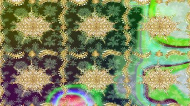 Yeşil renkte çizim deseni. Doğu tarzı arabesk tarzında altın elementler. Çizim altın desenli bukleler. Raster altın eskiz deseni.