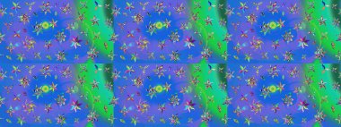 Mavi ve yeşil renkli çiçekler. Raster düz çiçek çizim deseni. Tasarım hediye paketi, tebrik kartları, posterler ve afiş tasarımı.