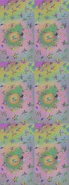 Tarafsız ve yeşil renklerdeki çok renkli ve yeşil zarif küçük çiçekler ve komik böcekler, raster desen, illüstrasyon.