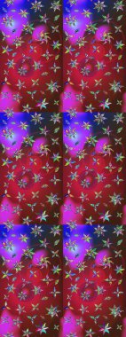 Suluboya elle çizilmiş çiçek desenli eskiz deseni. Parlak renkli fantezi çiçekleri, yapraklar, kırmızı ve mor renkli tomurcuklar ve kırmızı ve mor.