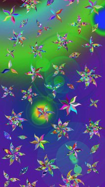 Çiçeksel fantezi tasarımı ve parlak bir arka plan çizimi. Renkli Bahar Teması eskiz kalıbı. Düz Çiçek Elementleri Tasarımı.