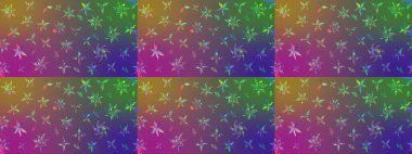 Mor ve yeşil renklerdeki çok renkli ve yeşil zarif küçük çiçekler ve komik böcekler, raster desen, illüstrasyon.