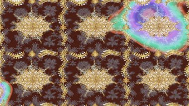 Doğu tarzı element. Davetiyeler, kartlar, web sayfası için Raster illüstrasyon. Mor renklerdeki altın element. Tasarım şablonu için çizgi çizimi sınırı. Altın çizgili çiçek dekoru.