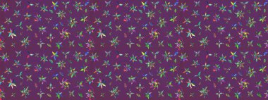 Çiçekli karalama şeklinde Raster çiçek deseni. Mor ve yeşil renkli çiçekler. Yumuşak, bahar çiçekli arka plan.