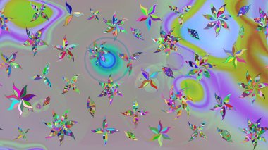 Renkli Bahar Teması eskiz kalıbı. Gri ve nötr renkli şirin çiçek desenleri. Raster Modaya uygun kumaş deseni. Düz Çiçek Elementleri Tasarımı.