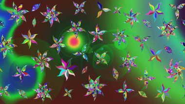 Çiçekli güzel suluboya desen. Raster illüstrasyonu. Yeşil ve mavi renklerde.