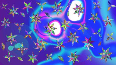 Raster Illustrasyon 'daki Çiçek Deseni' nin son moda çizimi. Mavi ve mor renkli çiçekler. Renkli Yaz Temalı eskiz kalıbı. Düz Çiçek Elementleri Tasarımı.