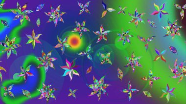 Parlak renkli çiçekleri ve yeşil ve mavi renkli yaprakları olan harika bir çiçek deseni. Moda baskıları için zarif bir şablon. Modern çiçek arkaplanı. Halk stili.