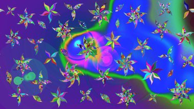 Soyut etnik raster çizim kalıbı. Kabile sanatı boho baskısı, klasik çiçek arkaplanı. Arkaplan dokusu, duvar kağıdı, mavi ve mor renkli çiçek teması.