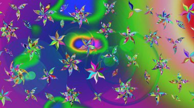 Çiçek desenli eskiz, darbeler, sıçramalar, yaz çiçekleri. Yeşil ve mavi renkte çiçekler. Raster illüstrasyonu.